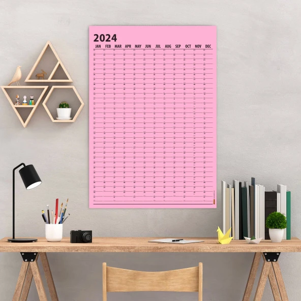 Pembe Renk 2024 Yıllık Planlama Takvim, 2024 Yılı Duvar Takvimi, Yıllık Planlayıcı - 50 X 70 cm Boy