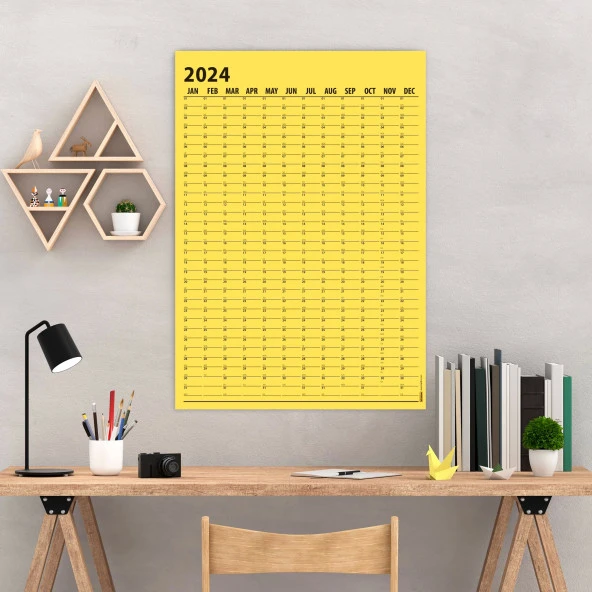 Sarı Renk 2024 Yıllık Planlama Takvim, 2024 Yılı Duvar Takvimi, Yıllık Planlayıcı - 50 X 70 cm Boy