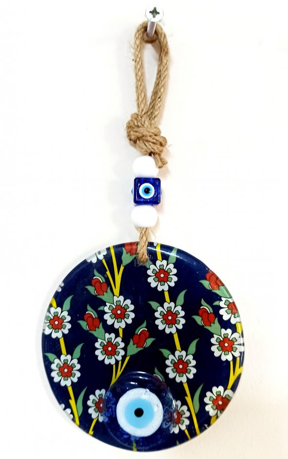 Çiçek Desenli Lacivert Nazar Boncuklu Füzyon Cam Duvar Süsü - Resim 2