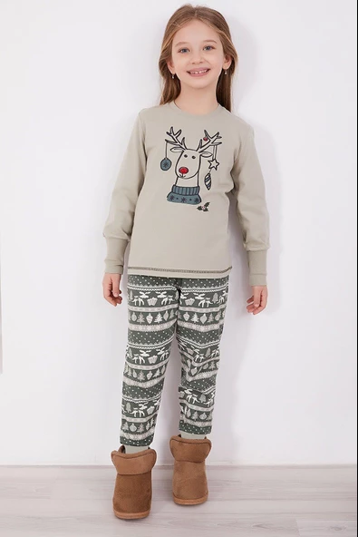 Arnetta 2153 Kız Çocuk Geyik Desenli Noel Konsept Uzun Kol Pijama Takım