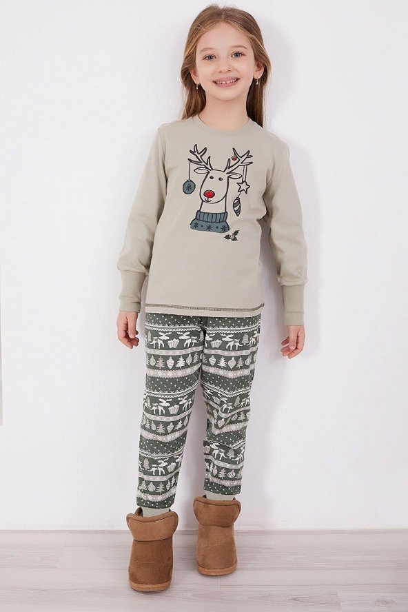 Arnetta 2153 Kız Çocuk Geyik Desenli Noel Konsept Uzun Kol Pijama Takım