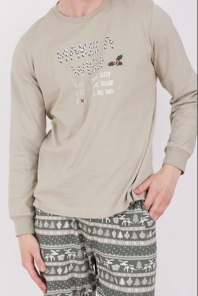 Arnetta 2303 Make A Wish Açık Haki Erkek Uzun Kol Pijama Takım - 3