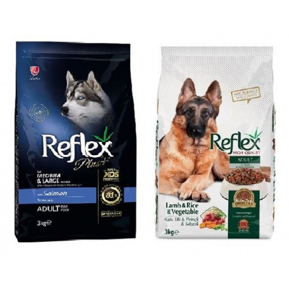 Reflex Plus Somonlu Yetişkin Köpek Maması + Reflex Kuzu Etli Sebzeli Yetişkin Köpek Maması 2 x 3 KG