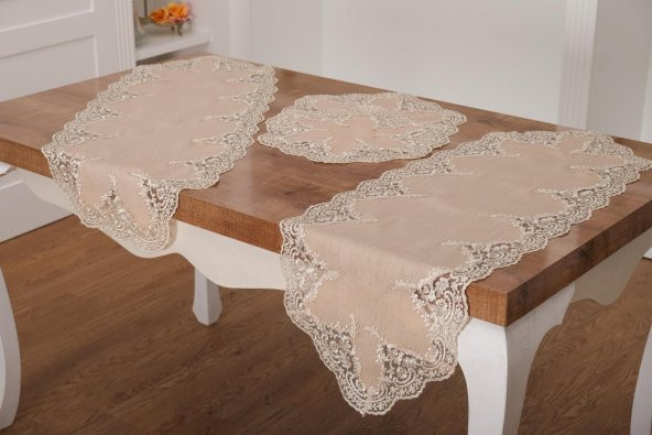 Finezza Nadide Lüx Güpürlü Simli Keten Kumaş Bej Salon Takımı 5 parça - 1365 - 3