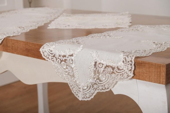 Finezza Nadide Lüx Güpürlü Simli Keten Kumaş Krem Salon Takımı 5 parça - 1367 - 4