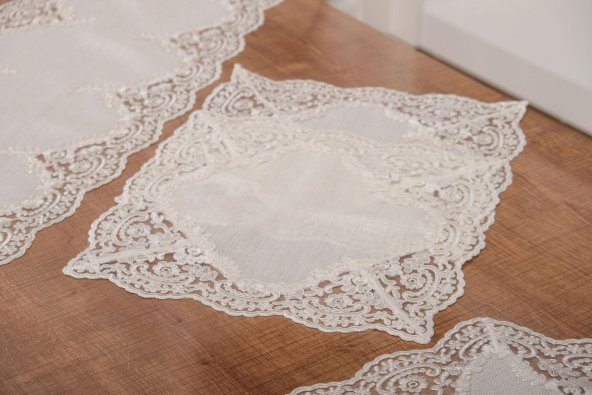 Finezza Nadide Lüx Güpürlü Simli Keten Kumaş Krem Salon Takımı 5 parça - 1367 - 6