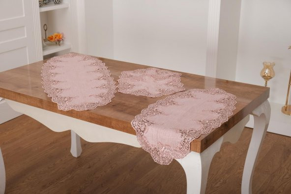 Finezza Nadide Lüx Güpürlü Simli Keten Kumaş Pudra Salon Takımı 5 parça - 1368 - 3