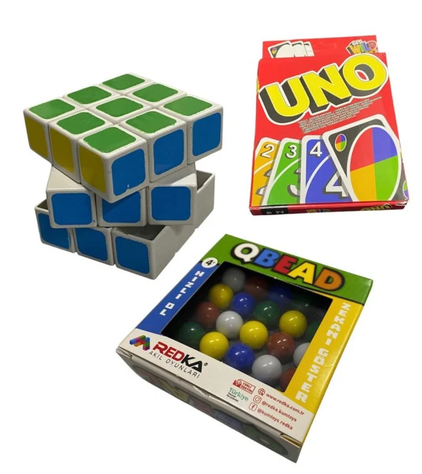 3 Adet Strateji Zeka Oyuncağı - QBEAD, Uno Oyun Kartları, 3x3 Zeka Küpü