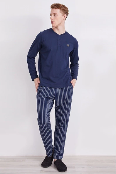 Arnetta 2314 Erkek Çizgili Lacivert Uzun Kol Pijama Takım - 2