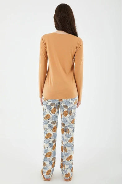 Pierre Cardin 8425 Good Things Take Time Camel Kadın Uzun Kol Pijama Takım - Resim 5