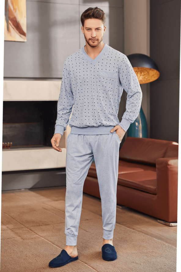 Mecit 2757 Erkek Mavi Büyük Beden Uzun Kollu Pijama Takımı
