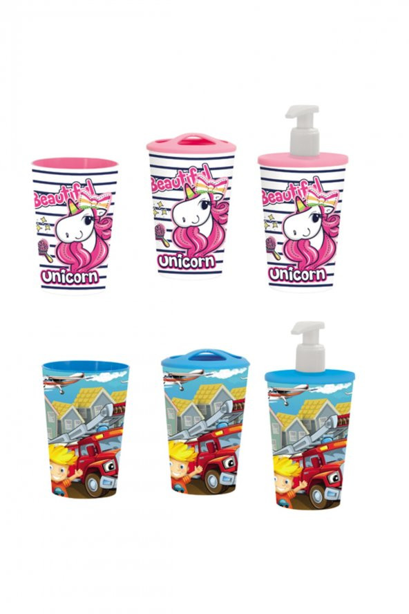 Desenli Bardak Dişfırçalık Sıvı Sabunluk Banyo Set-unicorn-araba 161262-000