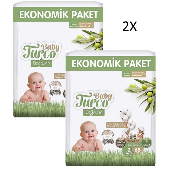 Baby Turco Doğadan Bebek Bezi 2 Numara Mini Ekonomik Paket 2 x 68 Adet