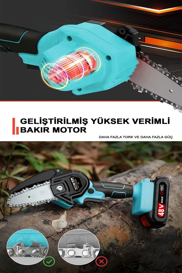 Rowermax Çift Akülü Çift Zincirli Budama Testeresi Taşıma Çantalı 48Vf Şarjlı Testere Eldiven Hediyeli - 3