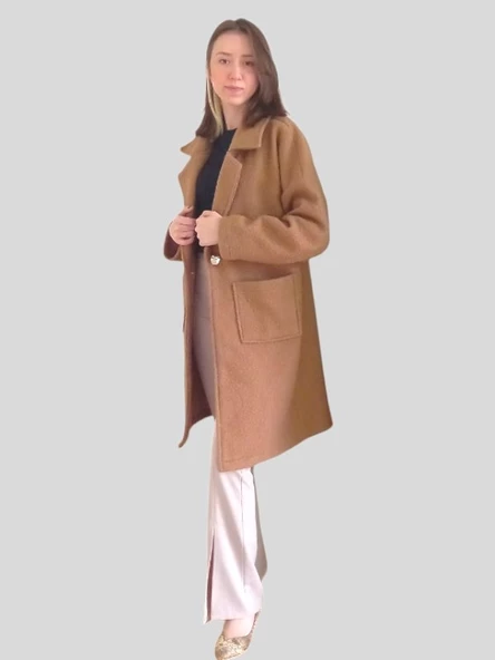 Taba Renkli Tek Düğmeli Cepli Buklet Kaban - 3