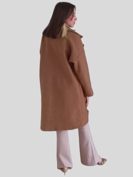 Taba Renkli Tek Düğmeli Cepli Buklet Kaban - 2