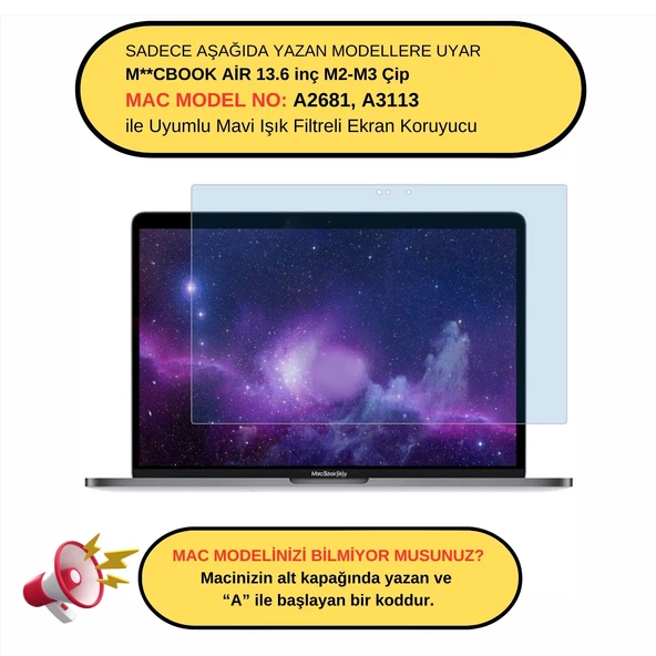 Macbook Air M4-M3-M2 Ekran Koruyucu Mavi Işık Filtresi 13.6 inç A2681 A3113 A3240 (13.6” Air) ile Uyumlu Anti Blue Ray - 2