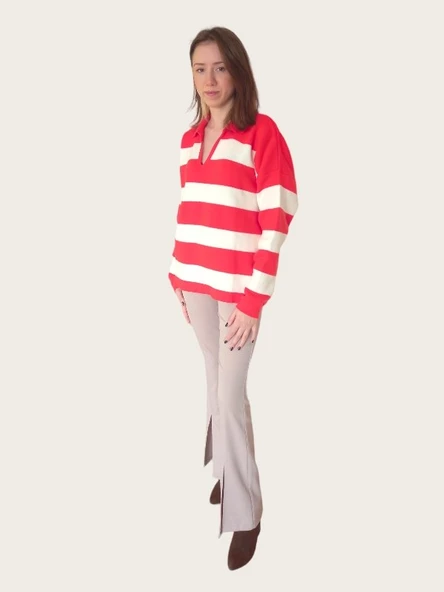 V Polo Yaka Kalın Oversize Triko Kazak - Turuncu Beyaz - Standart - 2