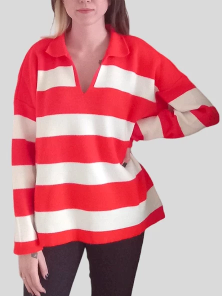 V Polo Yaka Kalın Oversize Triko Kazak - Turuncu Beyaz - Standart - 4