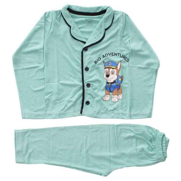 Erkek Çocuk Yeşil Düğmeli Köpekli Baskılı Pijama Takımı