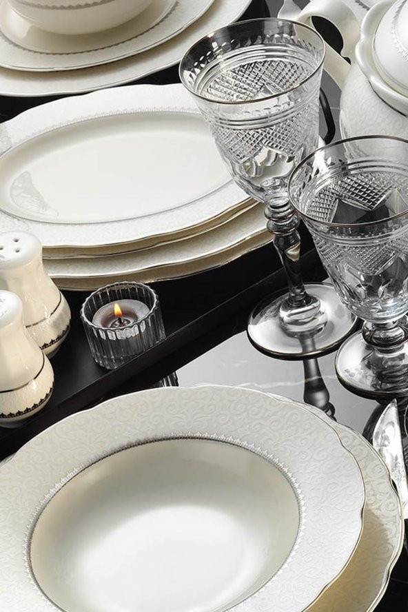 Kütahya Porselen 1138020 Desen Bone Olympos Platin Fileli 62 Parça Yemek Takımı