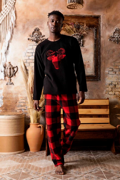Kışlık Baba Oğul Polar Pijama Takımı -Geyikli Yılbaşı Aile Pijaması- Tek Adet - 3