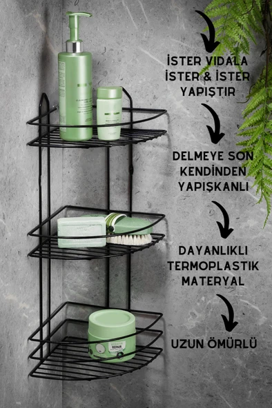 Ömür Boyu Paslanmaz Yapışkanlı Banyo Köşeliği Düzenleyici Şampuanlık Duş Rafı Siyah EK-03 - 2