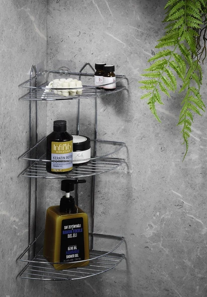 SAS Yapışkanlı Banyo Köşeliği Düzenleyici Şampuanlık Duş Rafı Krom EK-03