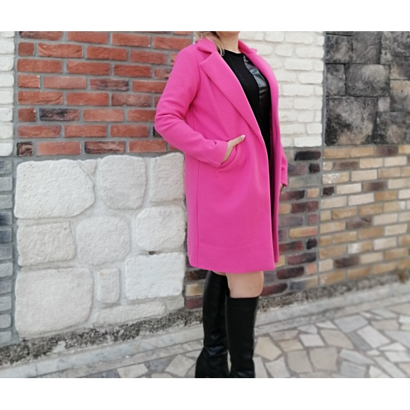 Kadın Kaban İthal Pembe Kaşe Kumaş Astarlı Düğmeli Cepli Midi Boy