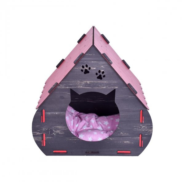 Mini Hobbit Doğal Ahşap Pati Detaylı Kedi Köpek Evi - 1