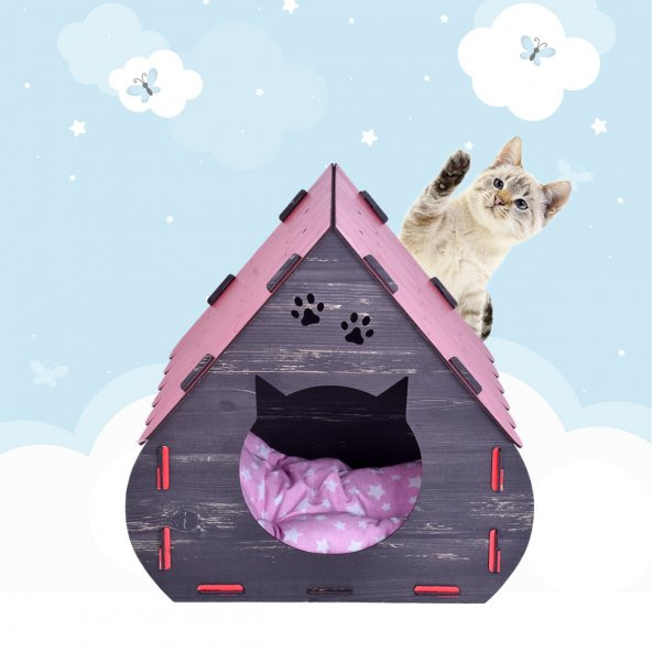 Mini Hobbit Doğal Ahşap Pati Detaylı Kedi Köpek Evi - 2