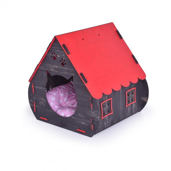Mini Hobbit Doğal Ahşap Pati Detaylı Kedi Köpek Evi - 6