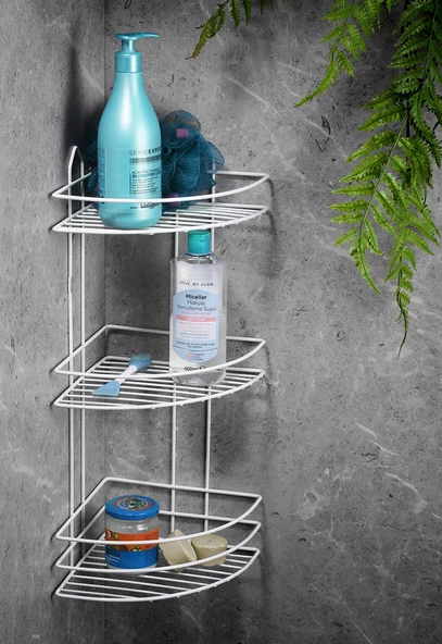 SAS Ömür Boyu Paslanmaz Yapışkanlı Banyo Köşeliği Düzenleyici Şampuanlık Duş Rafı Beyaz EK-03