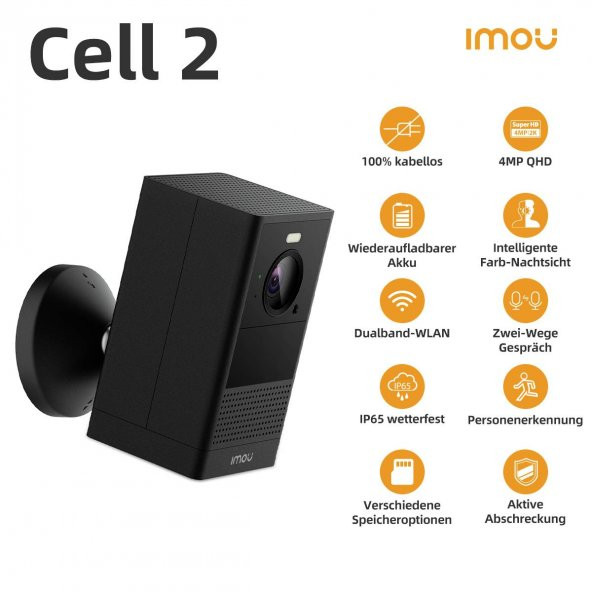 IMOU Cell 2 IPC-B46LP Wi-Fi Akıllı Güvenlik Kamerası 4MP 2,8 mm (110°) sabit lens Siyah