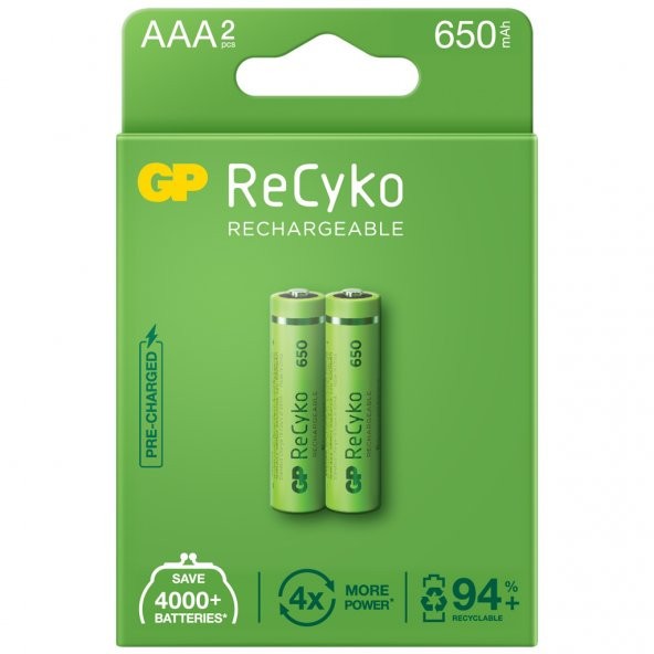 GP ReCyko GP65AAAHCEMTR 650 mAh AAA Ni-MH Şarj Edilebilir İnce Kalem Pil 2li ürün görseli