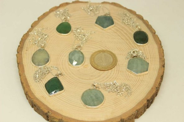 Zümrüt Taşı Gümüş Kaplama ve Gümüş Zincir Dahil Kolye Ucu - 6