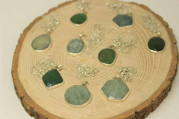 Zümrüt Taşı Gümüş Kaplama ve Gümüş Zincir Dahil Kolye Ucu - 7