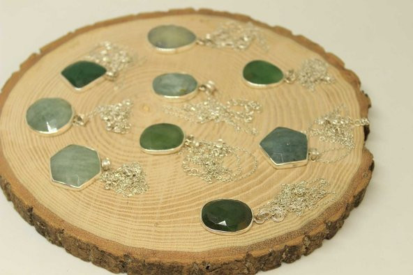 Zümrüt Taşı Gümüş Kaplama ve Gümüş Zincir Dahil Kolye Ucu - 8