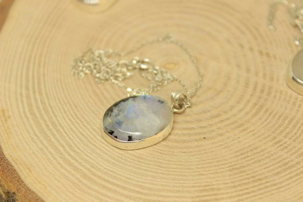 Ay Taşı Gümüş Kaplama ve Gümüş Zincir Dahil Kolye Ucu - 2