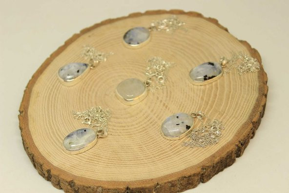 Ay Taşı Gümüş Kaplama ve Gümüş Zincir Dahil Kolye Ucu - 4