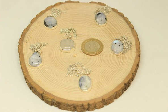 Ay Taşı Gümüş Kaplama ve Gümüş Zincir Dahil Kolye Ucu - 6