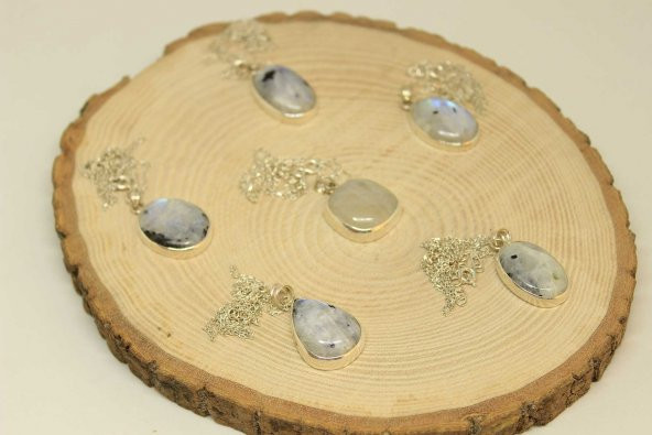 Ay Taşı Gümüş Kaplama ve Gümüş Zincir Dahil Kolye Ucu - 7