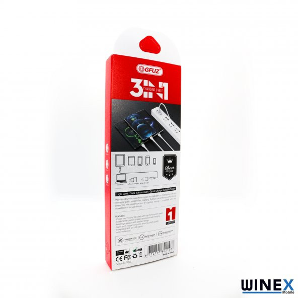 Winex CA107 Gfz 3in1 Micro, Lightning, Type-C Çıkışlı Data ve Şarj Kablosu 3.4A Siyah - 5