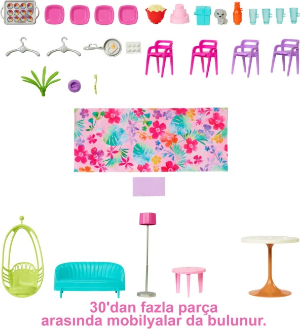 Barbie Tatil Evi (107 Cm), 30Dan Fazla Parçasıyla 2 Katlı, 6 Odalı, Salıncaklı, 3 Yaş Ve Üzeri Hcd5 - 5