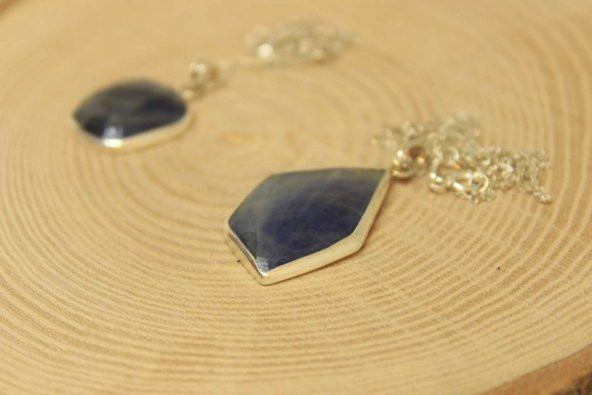 Safir Taşı Gümüş Kaplama ve Gümüş Zincir Dahil Kolye Ucu - 7