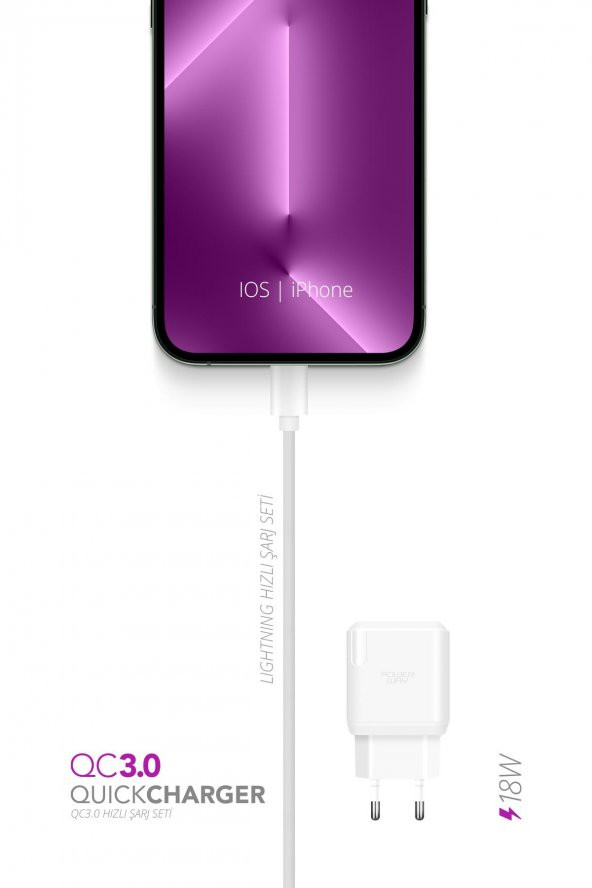 QCL30 (QC 3.0) Iphone 18W Hızlı Şarj Lightning iOs Şarj Cihazı (Kablo Dahil) Tüm Cihazlarla Uyumlu - 3