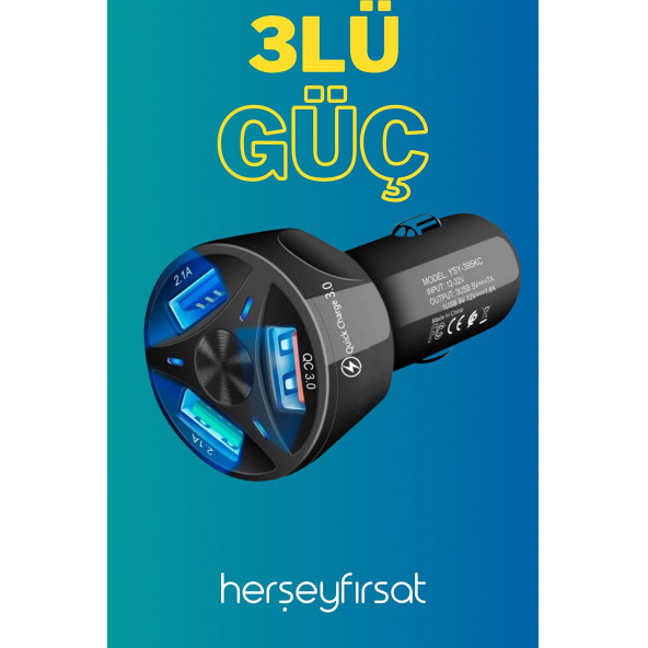 OTO 3'LÜ USB ŞARJ CİHAZI - SİYAH