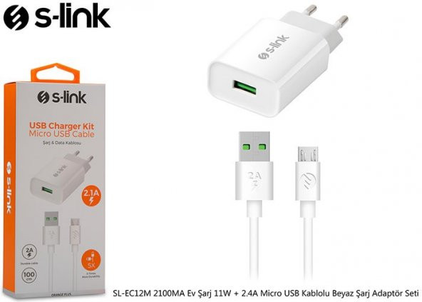 S-link SL-EC12M 2100MA Ev Şarj 11W + 2.4A Micro USB Kablolu Beyaz Şarj Adaptör Seti