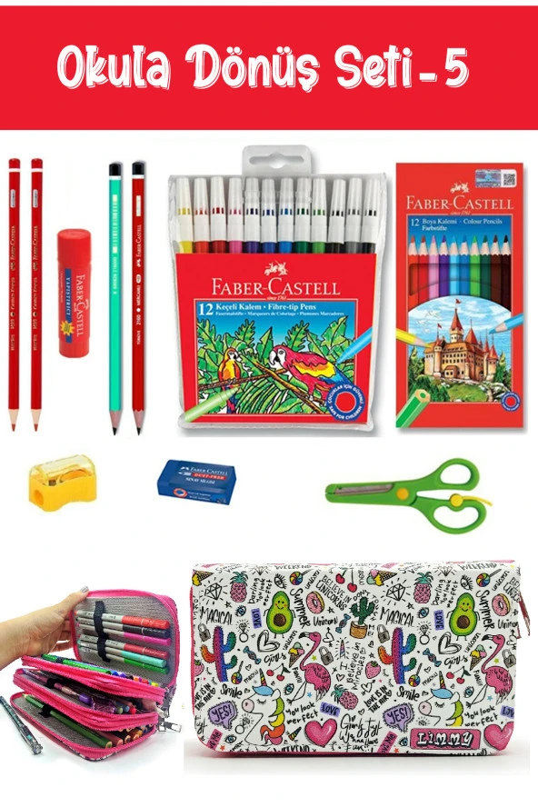 Kırtasiye Seti Unicorn-Flamingo-Avakado Desenli Kalem Kutulu 11 Parça Okula Dönüş Set:5