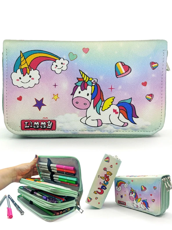 Unicorn Şeker Temalı Kalemkutu Modelist Kalem Kutusu Vegan Deri Üç Bölmeli Kalemlik